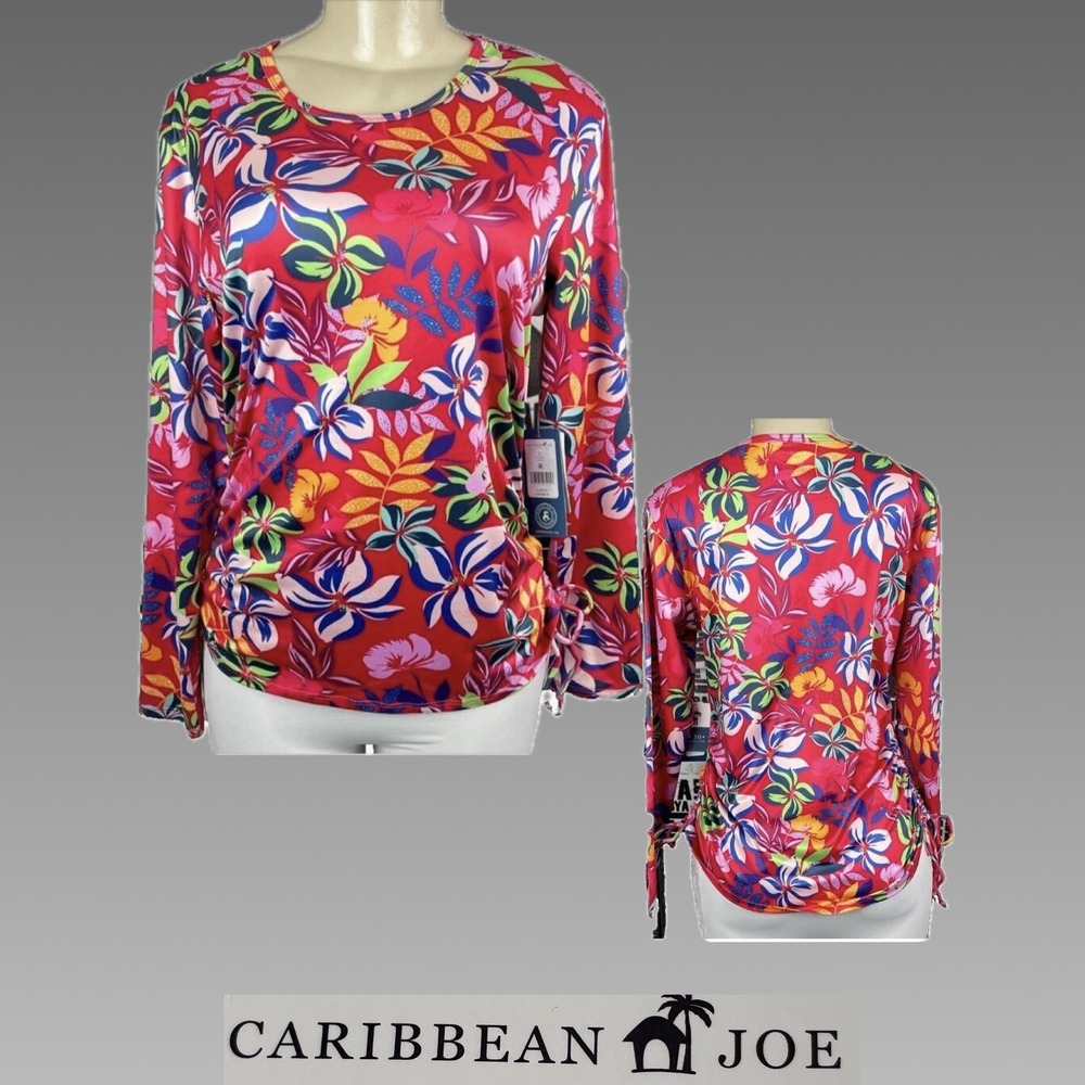 Caribbean Joe L Pink Tropical Floral Print Long Sleeve Swim Top Tie Ruched Sides